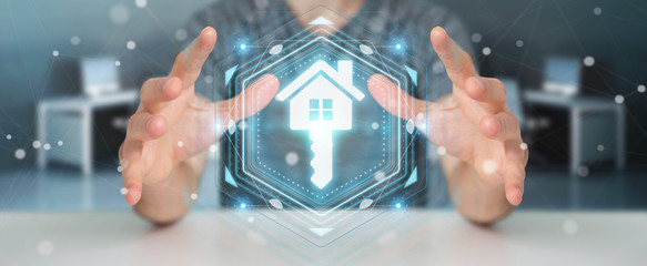 Businessman using real estate digital interface 3D rendering