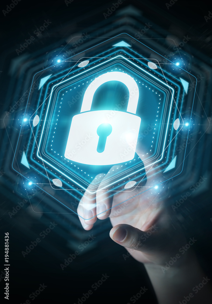 Poster businesswoman protecting her datas with security interface 3d rendering