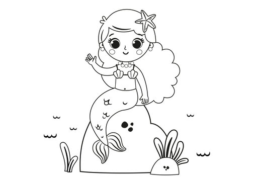 Cartoon Mermaid For Coloring Page Activity. (Vector illustration)