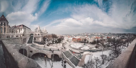 Poster Budapest panorama. Fisherman's bastion in Buda castle, historical part of town, complex of the Hungarian kings. Aerial view of Budapest, Hungary. Hungarian Parliament and Danube river in background.  © ID stock photography