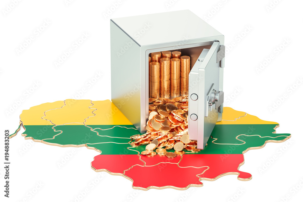 Poster safe box with golden coins on the map of lithuania, 3d rendering