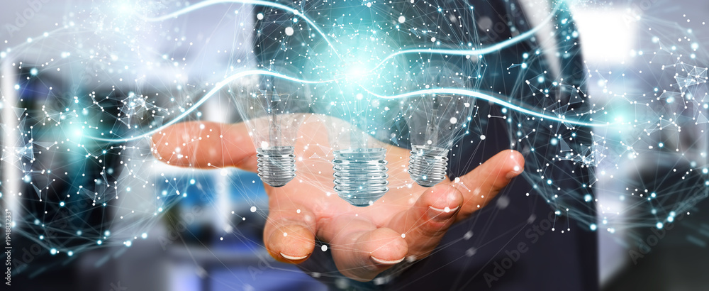 Poster businessman connecting modern lightbulbs with connections 3d rendering