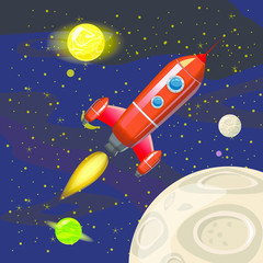 Naklejka premium Space rocket launch, spaceship, space background, cartoon style, Vector illustration