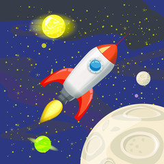 Space rocket launch, spaceship, space background, cartoon style, Vector illustration