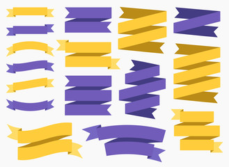 Fototapeta premium Vector ribbon banners isolated on White background. Set of 16 yellow and purple ribbon banners