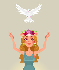 Woman character releases dove of the world. Vector flat cartoon illustration