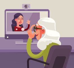 Happy smiling grandmother character talking to her granddaughter by Internet. Vector flat cartoon illustration