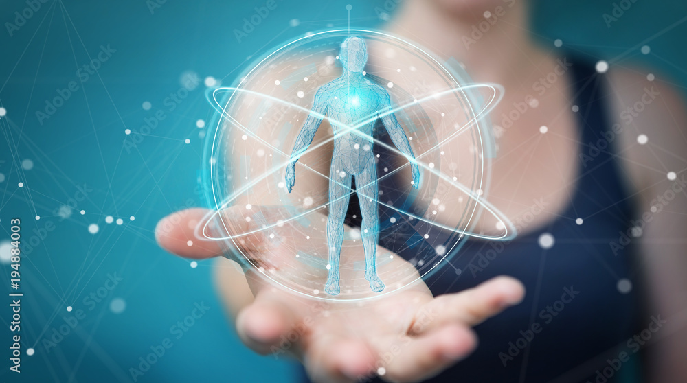Poster businesswoman using digital x-ray human body scan interface 3d rendering