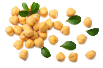 chickpeas isolated on white background. top view