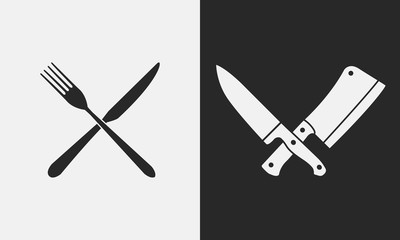Restaurant knives icons. Silhouette of fork and knife, butcher knives. Logo, emblem