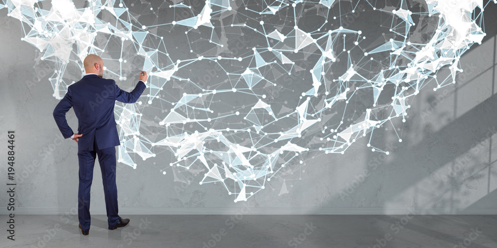 Aufkleber Businessman using connection network on a wall 3D rendering