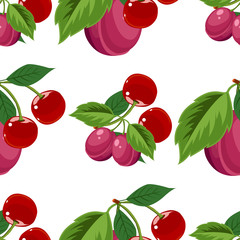 Hand drawn cherry and plum seamless pattern on white background, vector illustration