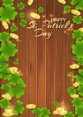 Poster of a happy St. patrick's day with gold coins and clover leaves on a wooden background