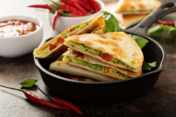 Vegan quesadillas with avocado and red peppers