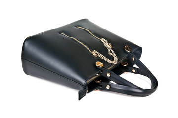 black leather handbag isolated on white background