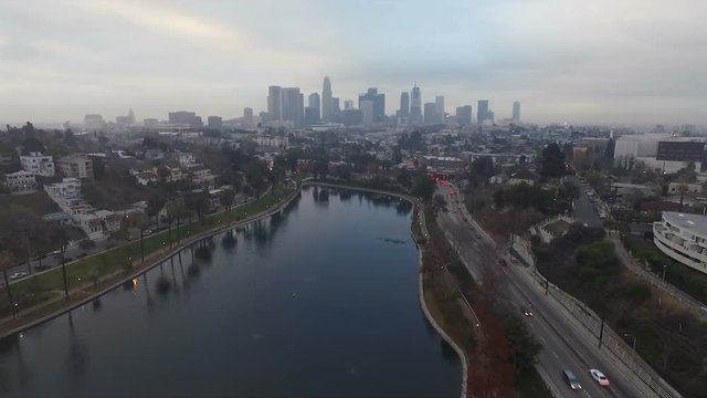Los Angeles Park Lake Afternoon Traffic Downtown City Skyline