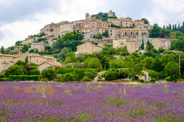 Fototapeta na wymiar Vue sur le village de Simiane-la-Rotonde. Provence, France. Champ de lavande au premier plan.