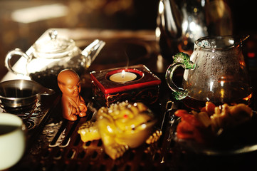 A tea figure close-up - a boy who pisses.Pissing boy.tea ceremony