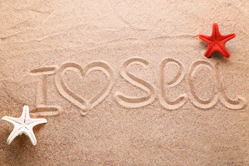 Words written on beach sand with starfish