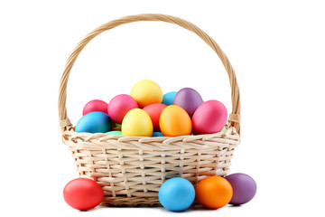 Colorful easter eggs in basket isolated on white background - 194891803