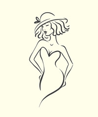 Silhouette of woman in sexy dress and hat isolated on white. Fashion vector illustration. Logo for atelier