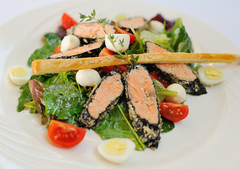 salad with red fish and greens, vegetables, quail eggs and cheese brie