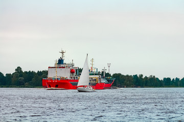 Red cargo ship at Riga