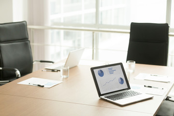 Conference table for meeting in boardroom with no people and project statistics report graphs charts on laptop screen, corporate financial result data analysis and strategy development negotiations