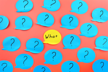 Background with stickers. The phrase, WHAT is in the center, on the yellow sticker, among the...