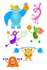 Funny fantasy monsters playing sport games collection.Monster's morning sports exercises.