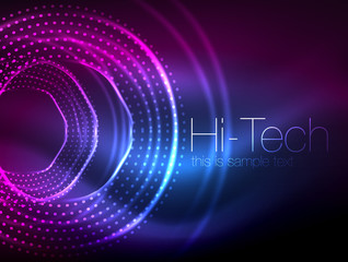 Magic neon circle shape abstract background, shiny light effect template for web banner, business or technology presentation background or elements, vector illustration
