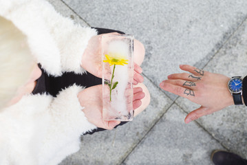 woman holding a block of ice ,with yellow flower