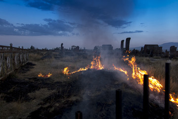 Fototapeta premium Historical cemetery of Noratus in Armenia, near the Lake Sevan