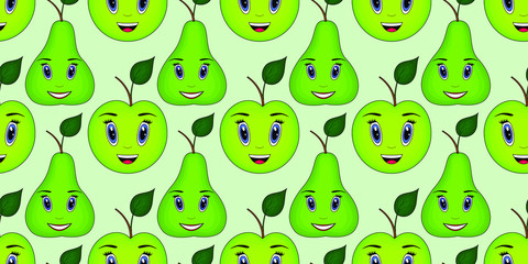 Seamless vector summer bright background. Seamless pattern of cartoon images of apples and pears. Background for children, bright colorful background. Smiling, happy, cartoon face, character. EPS 10