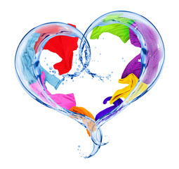 Clothing in splashes of water in the shape of the heart, isolated on white background