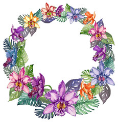 Round frame made of beautiful colorful orchid flowers and mostera leaves. Empty space for your text in the middle. Isolated on white background. Watercolor painting.