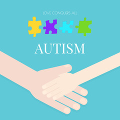 Autism awareness poster with puzzle pieces on blue background. Adult holding the hand of a child. Social interaction disorder. Solidarity, unity, support symbol. Medical concept. Vector illustration.