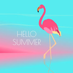 Hello summer quote. Pink flamingo standing in water on one leg. Exotic bird made in flat style. Vacation time concept. Seaside view poster template. Vector illustration.