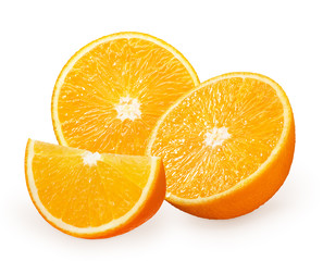 Halves and slice of fresh orange fruit isolated on white