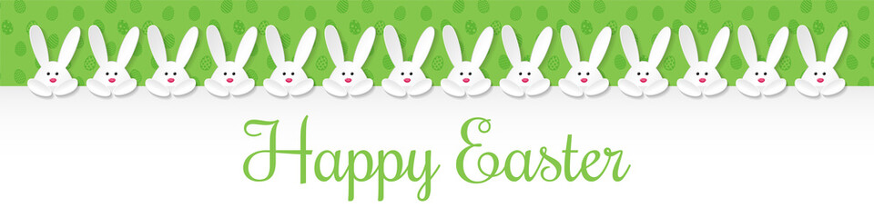 Easter header with cute white bunnies and greetings. Vector.