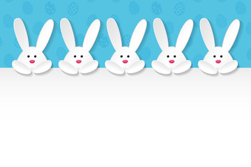 Design of Easter poster with white 3d bunnies and copyspace. Vector.