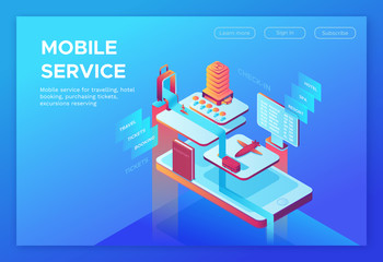 Mobile travel concept, landing page template with isometric 3d icons of hotel, airplane, smartphone, tickets, passport, application design, vector illustration