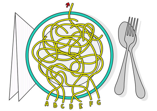 Spaghetti labyrinth vector maze game puzzle with solution in hidden layer
