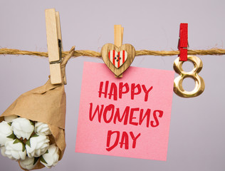 Happy Women's Day Card. celebrate 8 March, lollipop shape figure eight 8, note for text, flowers in colored buckets 