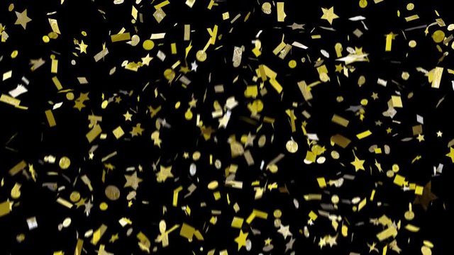 Fun confetti with alpha channel. Transparency included so can be put over the top of backgrounds. Stars, ticker tape, and circles.  Shiny gold confetti falls and clears frame. See portfolio for more
