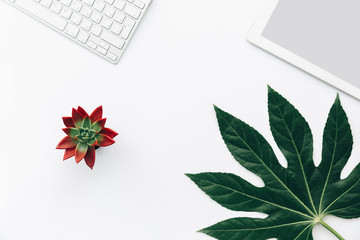 Flat lay minimalistic background with keyboard, tablet, tropical leaf and succulent. Flat lay, Modern Blogger Workspace