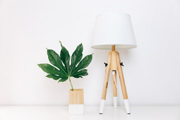 Nordic lamp and tropical leaf, simple decor objects, Scandinavian minimalist white interior