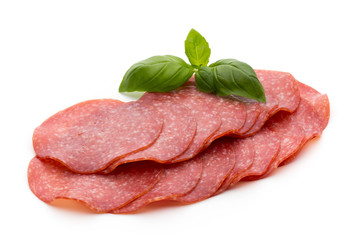Salami slices isolated on white background.
