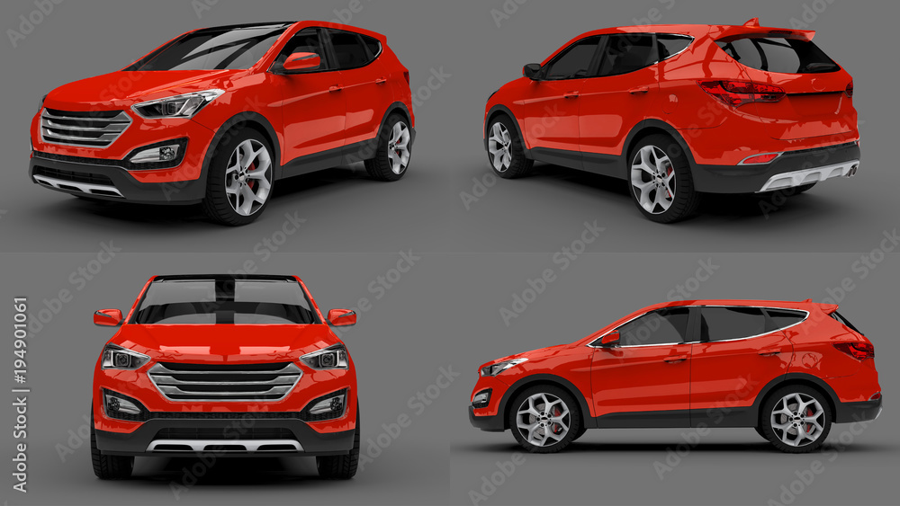 Poster set compact city crossover red color on a gray background. 3d rendering.