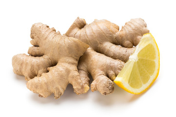 Ginger bio and lemon on white background.